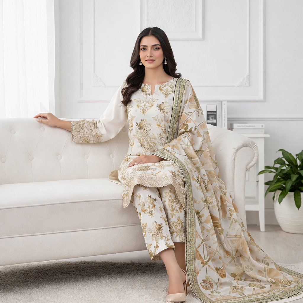 3 Piece White Unstitch Lawn Dress