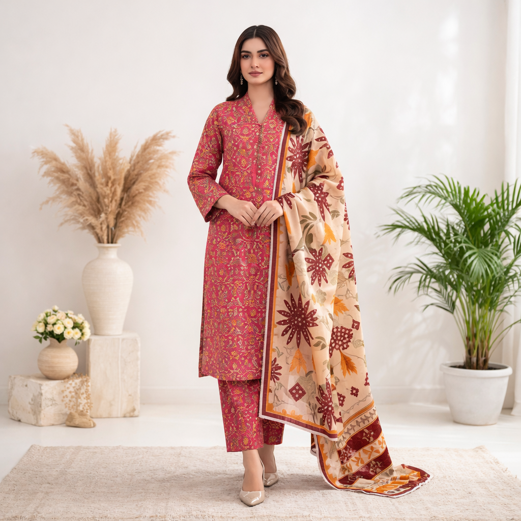 3 Piece Pink Unstitch Lawn Dress