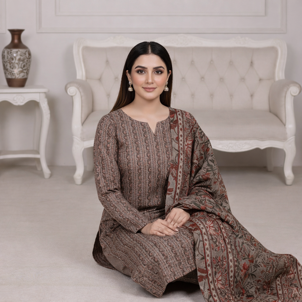 3 Piece Brown Unstitch Lawn Dress