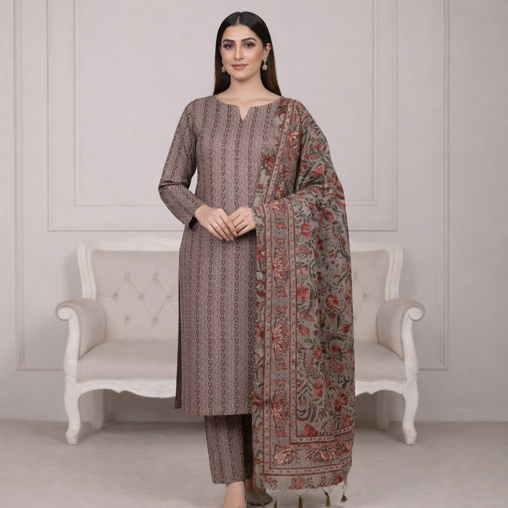 3 Piece Brown Unstitch Lawn Dress