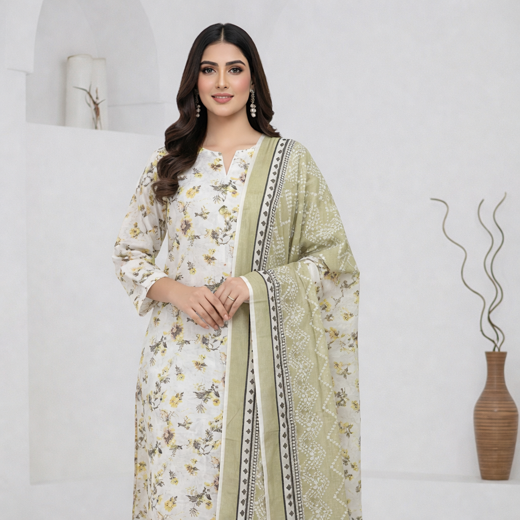 3 Piece White Unstitch Lawn Dress