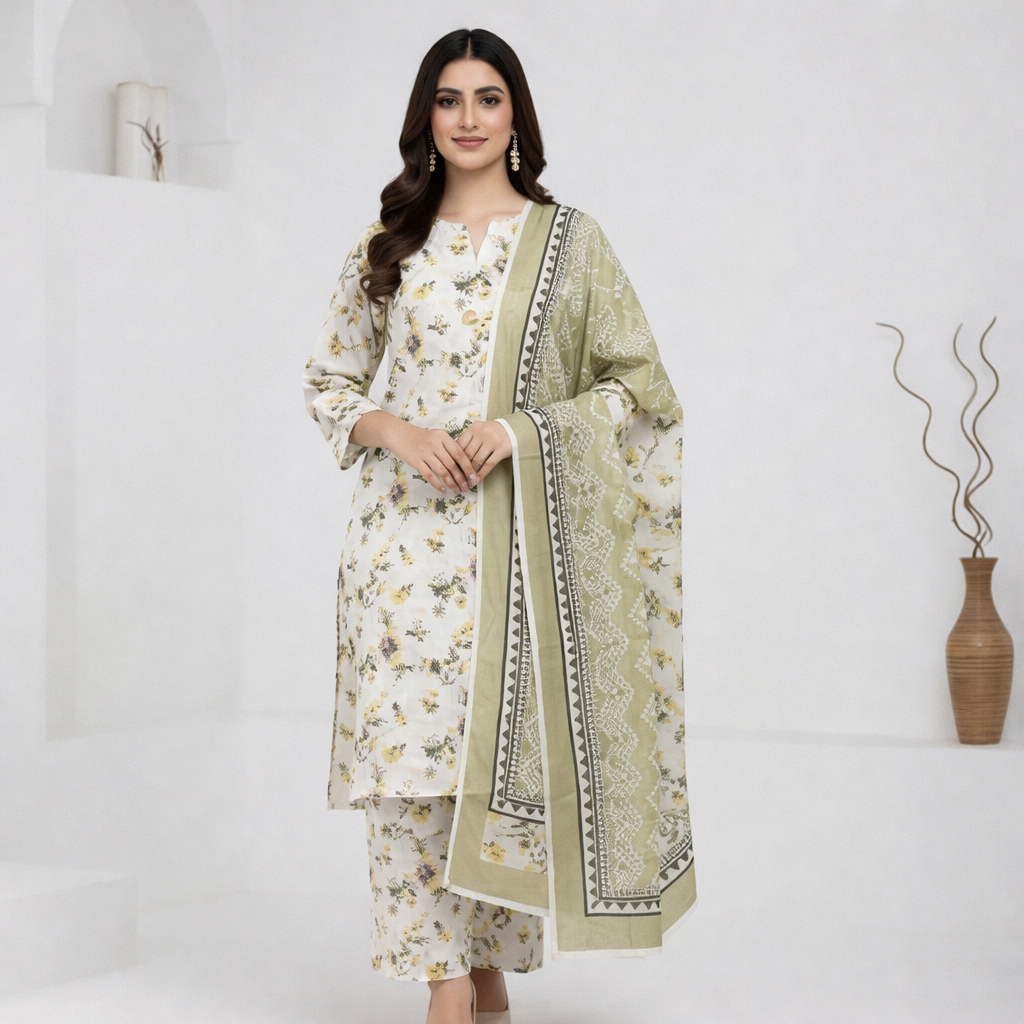 3 Piece White Unstitch Lawn Dress