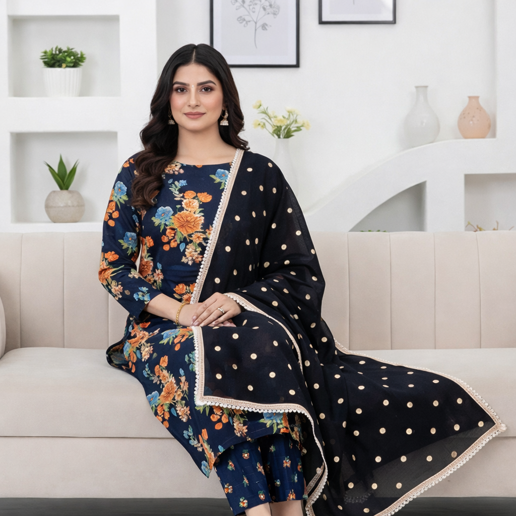 3 Piece Black Unstitch Lawn Dress