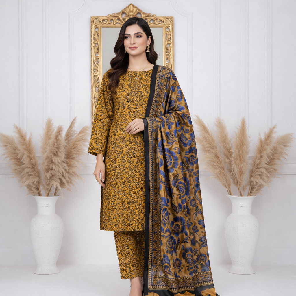 3 Piece Brown Unstitch Lawn Dress