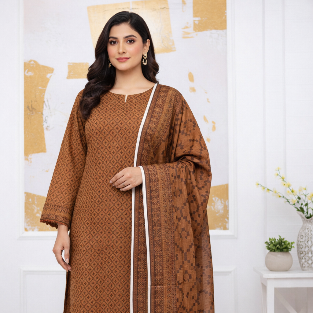 3 Piece Brown Unstitch Lawn Dress