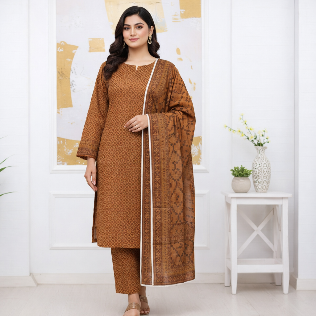 3 Piece Brown Unstitch Lawn Dress