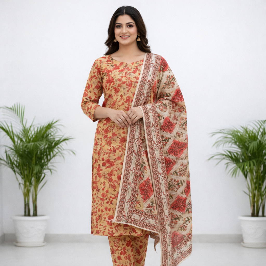 3 Piece Orange Unstitch Lawn Dress