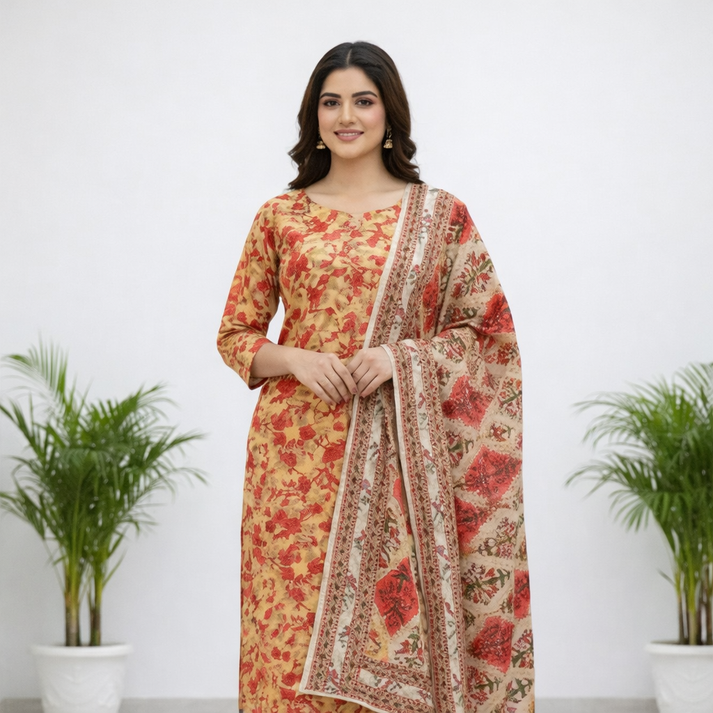 3 Piece Orange Unstitch Lawn Dress