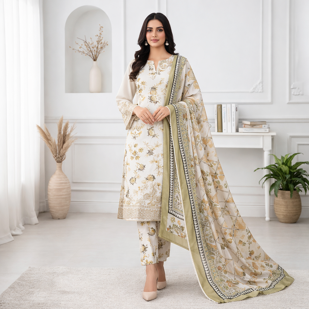 3 Piece White Unstitch Lawn Dress